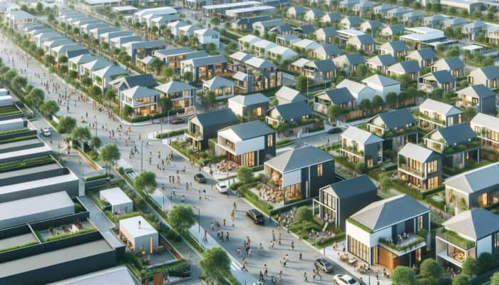 Aerial view of a vibrant neighborhood featuring modern entry-level homes and green spaces.