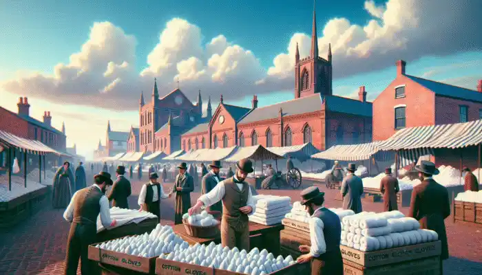 Market scene in Runcorn with vendors showcasing cotton gloves, experts discussing quality, and buyers examining products in a historical setting.