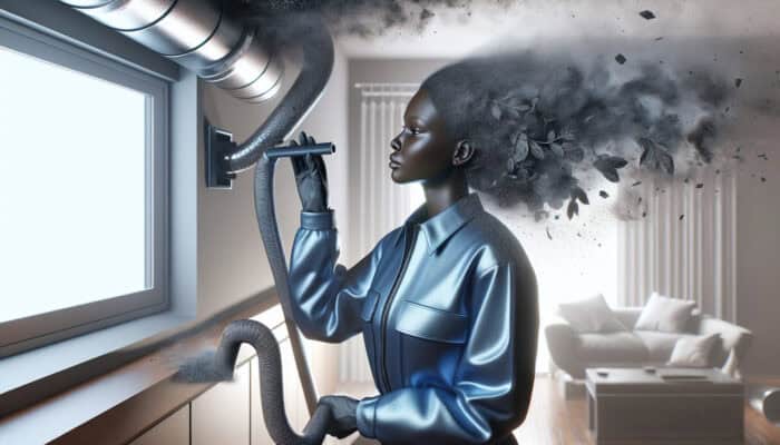 A technician in a blue uniform cleaning air ducts in a contemporary Mission home using a vacuum system.