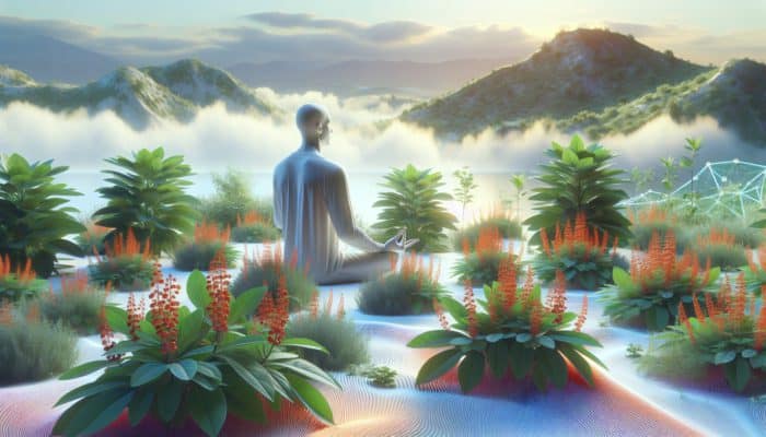 A person meditating among ashwagandha plants, with decreasing cortisol levels, symbolising stress reduction.