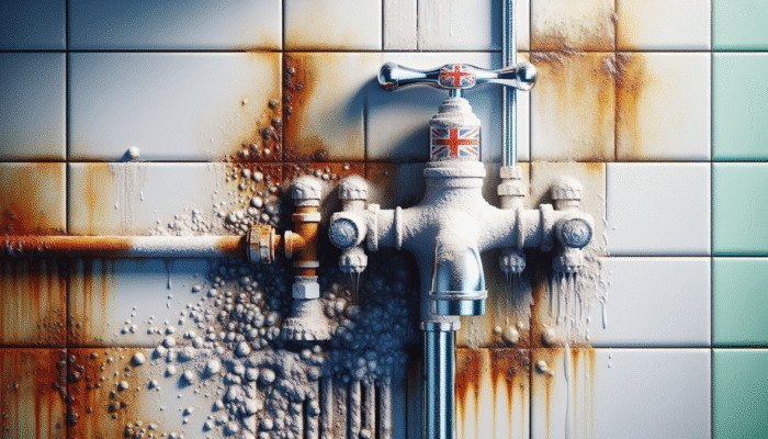 Modern UK bathroom showing rust and limescale on fixtures and tiles, highlighting the need for cleaning.