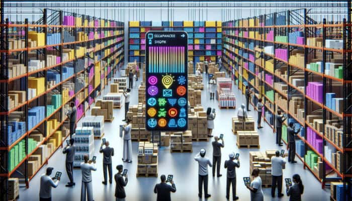 A well-organized warehouse showcasing colourful barcode labels, with staff efficiently scanning items in the clearance section.