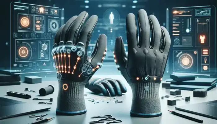 High-tech cut resistant gloves with advanced fibers, flexible, lightweight, grip-enhancing coatings, integrated sensors for hand movement monitoring, suitable for various work environments.