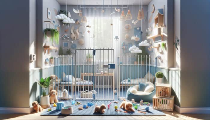 A cozy, secure pet area with baby gates, free of hazards, featuring soft beds and toys.
