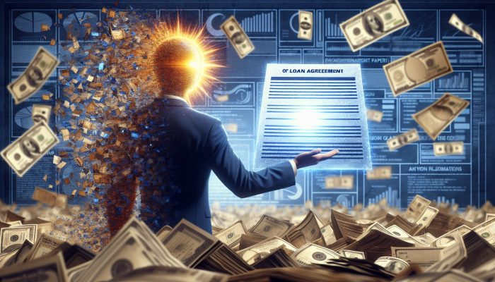 Person triumphantly holding a glowing loan document, symbolising debt consolidation, with fading old bills in the background.