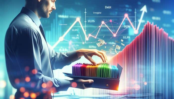 How Long Does Debt Consolidation Impact Credit: UK Guide | DCL A person organising colourful debt papers into a 'Consolidated Loan' folder, with a graph showing declining interest rates.