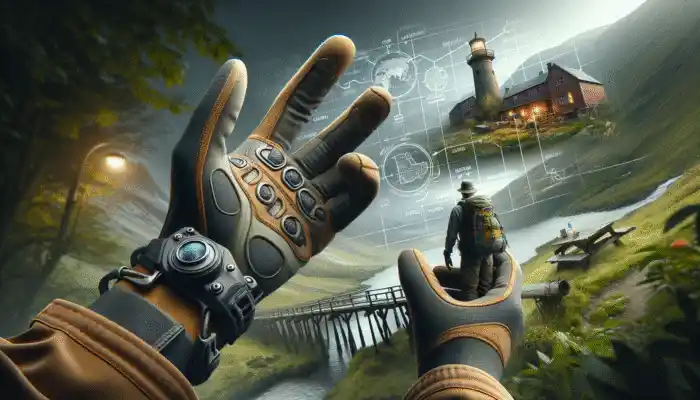 Person wearing durable rigger gloves while hiking and gardening in Exeter, with Cotswold Outdoor store in the background.