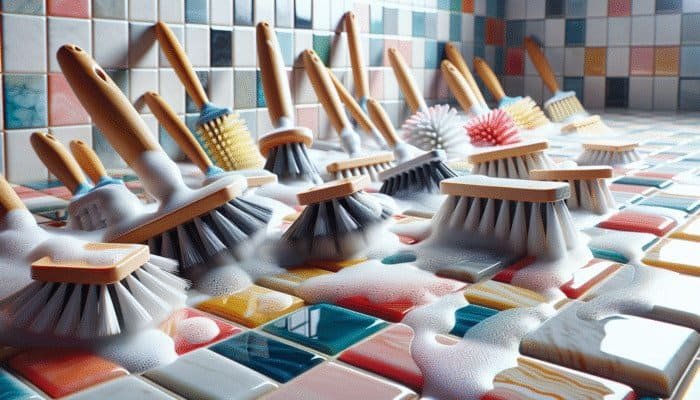 Close-up view of various brushes cleaning grout between colorful tiles in a brightly lit bathroom.