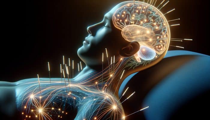 A serene person undergoing acupuncture with glowing brain neurotransmitter systems, highlighting serotonin, dopamine, and radiating endorphins, symbolising mood enhancement.