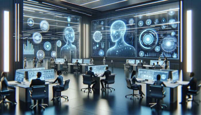 Sleek office with virtual assistants as glowing orbs managing tasks on holographic screens, enabling strategic focus.