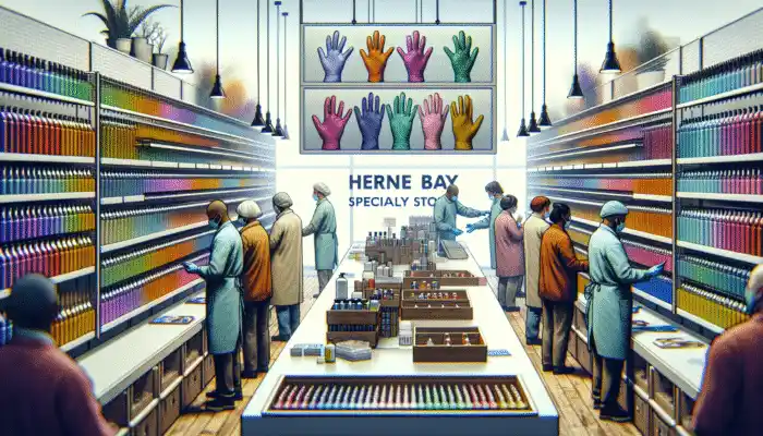 Premium latex gauntlet gloves in various thicknesses and chemical resistances, staff demonstrating fit to customers.