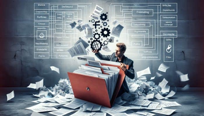 Debt Consolidation Loan Stories from Freelancers: Freelancer consolidating scattered invoices into a single folder labeled 'Debt Consolidation'.