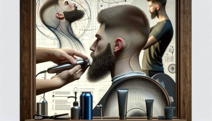 A barber using a trimmer to blend a beard, ensuring even lines and following natural growth patterns.