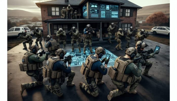 Multi-Team Coordination for House Clearance: Teams in tactical gear clearing a house, using headsets and tablets for coordination and safety.