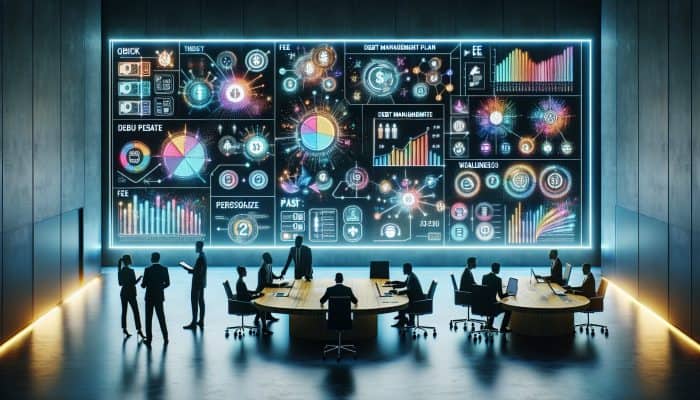 Emerging Debt Consolidation Startups: A modern office with diverse professionals using advanced technology for personalized debt management and financial wellness, with a transparent fee chart.