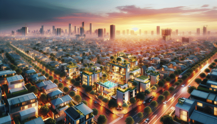 Aerial view of Midrand's modern mid-level properties with lush gardens and city skyline at sunset.