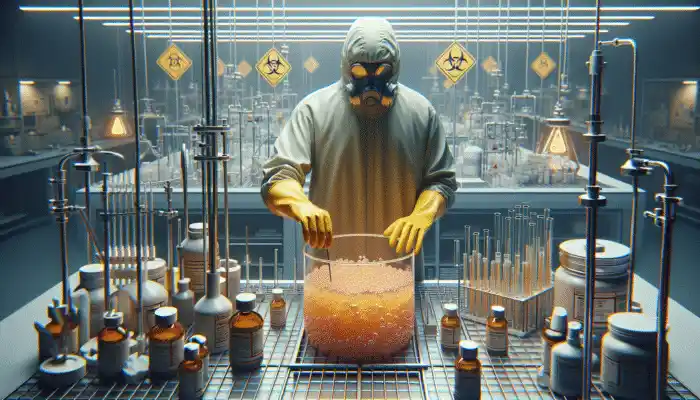 Extra Long Rubber Gloves in the UK: A person in a lab safely using extra long rubber gloves to handle chemicals.