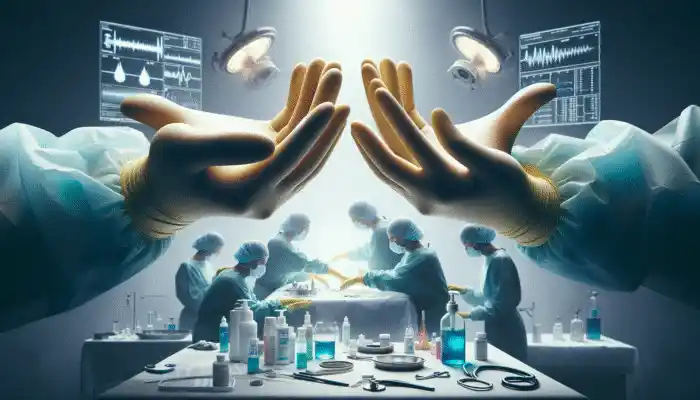 Extra long rubber gloves employed in UK healthcare and cleaning, providing protection during medical and chemical tasks.