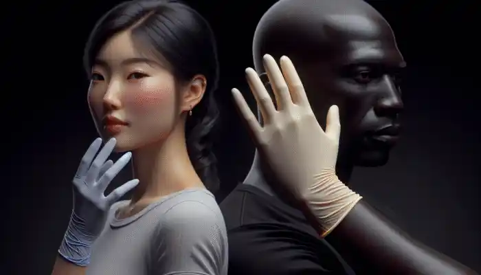 A person wearing thin latex gloves for delicate tasks and thick nitrile gloves for hazardous materials, illustrating material and thickness differences.