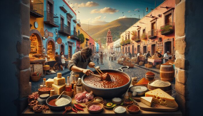 A culinary tour in San Miguel de Allende showcasing cobblestone streets, colonial architecture, and a blend of indigenous and colonial dishes.