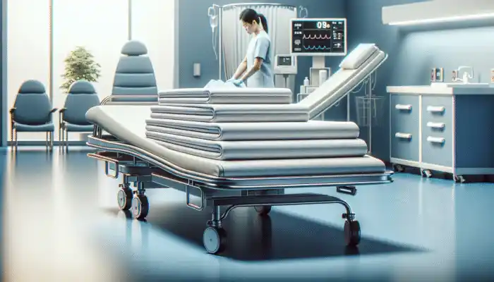 A stack of disposable bed sheets placed on a hospital bed, with a nurse attending to a patient in the background.