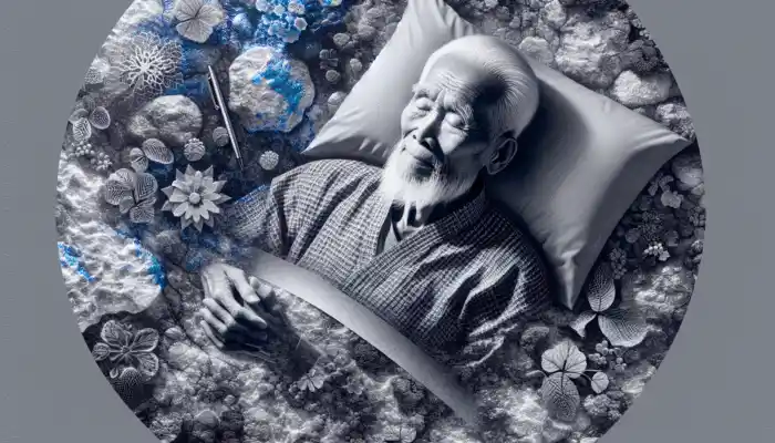 An elderly person comfortably resting on a soft, moisture-wicking disposable bed sheet complemented by waterproof backing.