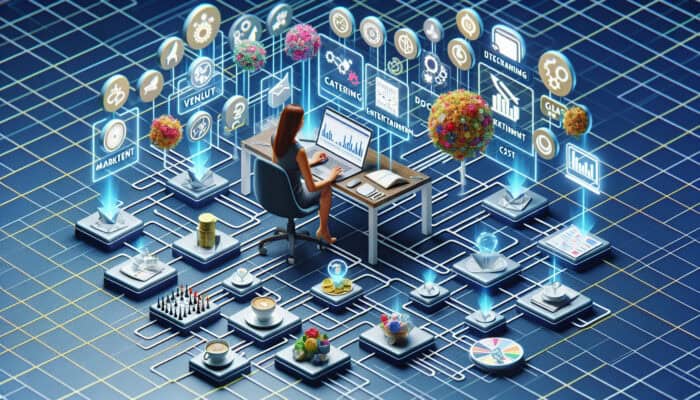 A virtual assistant planning an event budget with charts, graphs, and cost icons on a vibrant workspace.