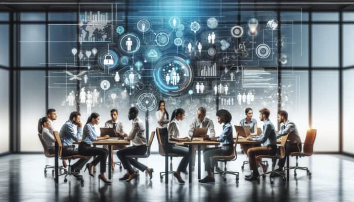 A diverse team collaborating on digital notes with real-time updates in a modern office setting.