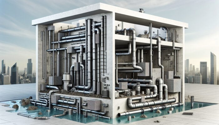 An underground network of foundation drainage systems managing water flow around a building's foundation.