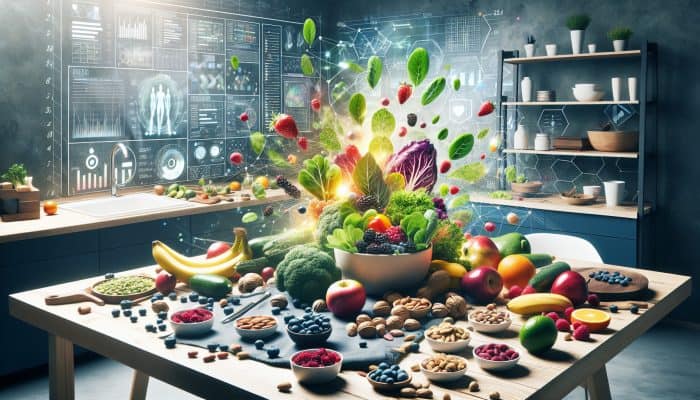 Nutrition for Chronic Fatigue: Colourful, nutrient-rich foods like greens, berries, nuts, symbolising energy and vitality against chronic fatigue syndrome.