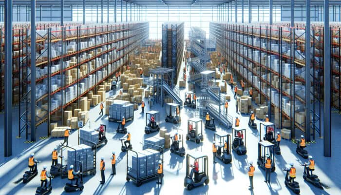 A busy warehouse with clearance signs and various low-cost transport options, guided by experts in vests.