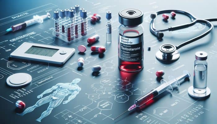 Testosterone Blood Test in Bridgend: A medical scene depicting a blood draw for testosterone testing, with vials, equipment, and a chart showcasing muscle, fat, and sexual desire.