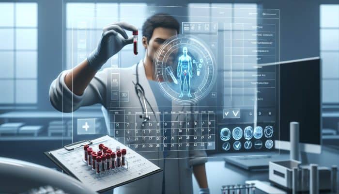 Individual in a lab setting with a testosterone vial, checklist, and calendar, preparing for their blood test.