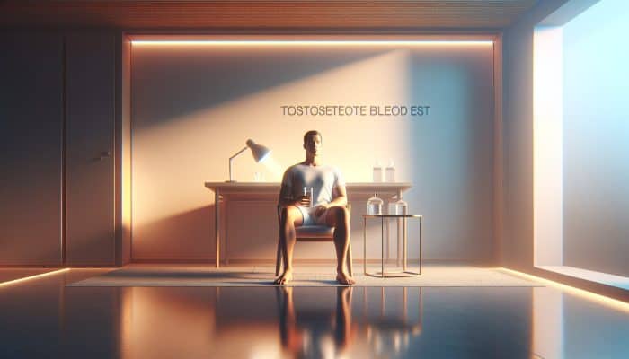 Individual fasting for their testosterone test, calmly drinking water in a minimalist, serene environment.