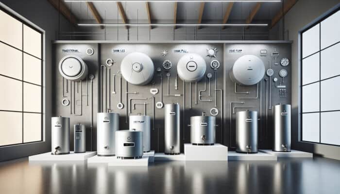 Hot Water Tank Services in Ladner Delta: A modern showroom showcasing various types of hot water tanks, including conventional, tankless, and heat pump models.