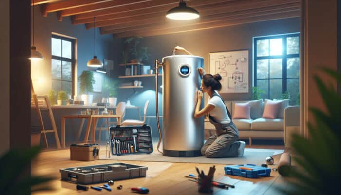 A modern hot water tank installed in a cozy basement in Ladner, Delta, expertly serviced by a professional plumber.