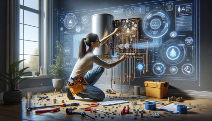 A skilled installer connecting a hot water tank to electrical and plumbing systems in a modern residence.