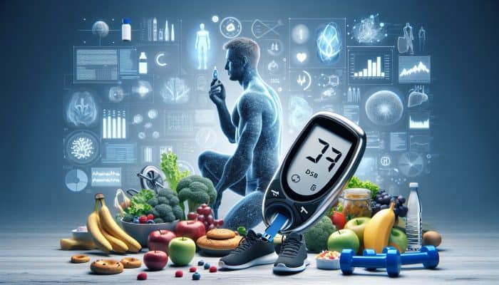 Diabetes Blood Test in Clydebank: A person monitoring blood sugar levels with a glucose meter, surrounded by healthy food and exercise equipment.