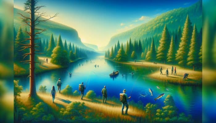 Outdoor Activities for Mental Health: A serene landscape with lush green forests and calm blue waters, ideal for relaxing outdoor activities like hiking and fishing.