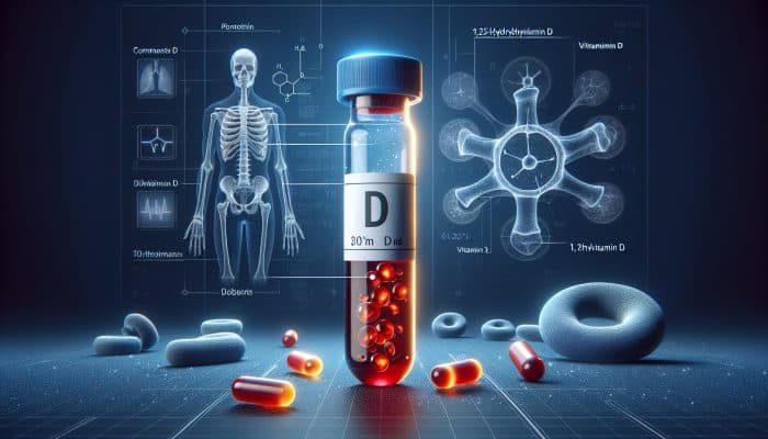 Vitamin D Blood Test in Ayr: Illustration of a Vitamin D blood test vial with 25(OH)D and 1,25(OH)2D, bones, and immune cells.