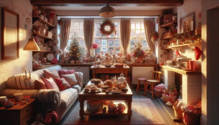 Clearing a UK Home Before Christmas: A cluttered UK living room with holiday decorations and baking supplies, requiring decluttering before Christmas.