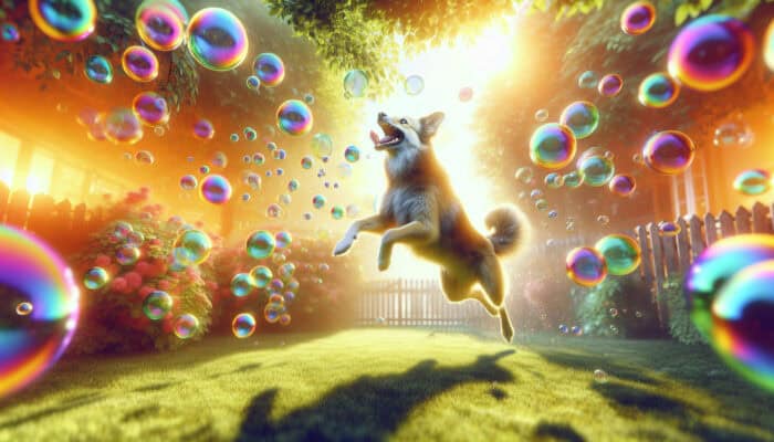 A dog joyfully leaping and snapping at colorful bubbles in a sunlit garden, showcasing agility and excitement.