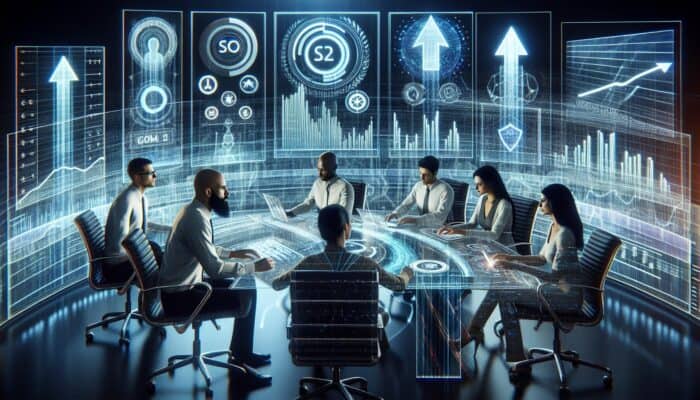 Best Practices for SEO Forecasting: Futuristic digital dashboard showing rising SEO graphs, predictive analytics, and a diverse team analyzing holographic trends.