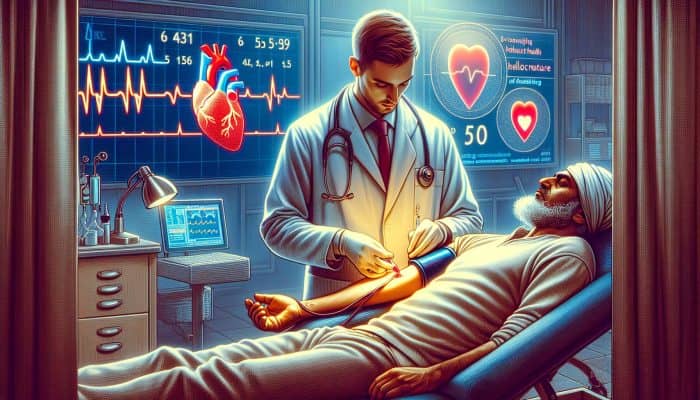 Cholesterol Blood Test In Swansea: A doctor draws blood for a cholesterol test in a busy NHS clinic, with heart health posters around.