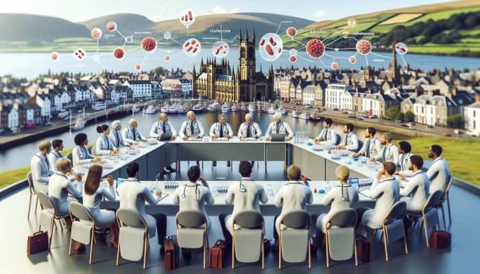 Medical experts discuss cholesterol blood tests at a Swansea conference, surrounded by lab equipment and a scenic view.