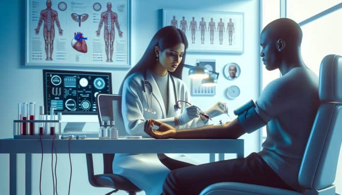 Cortisol Blood Test in Hull: A doctor in a modern Hull clinic draws blood for a cortisol test, surrounded by medical equipment, hormone charts, and stress symbols.